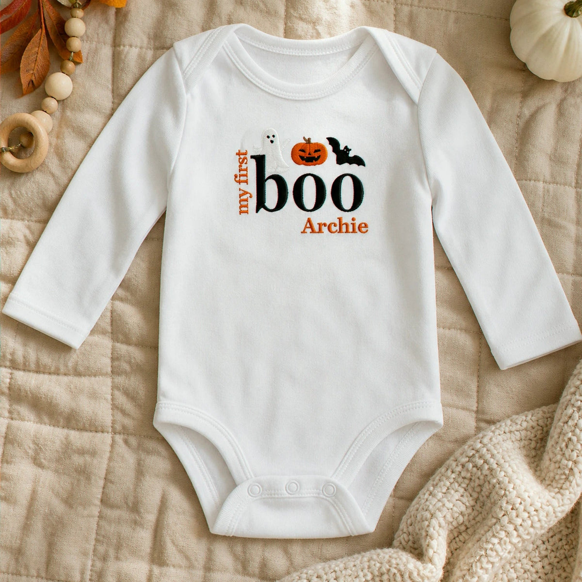 Personalized First Halloween Baby Bodysuit - Embroidered Name with Pumpkin Patch One-Piece, First Fall Season Gift