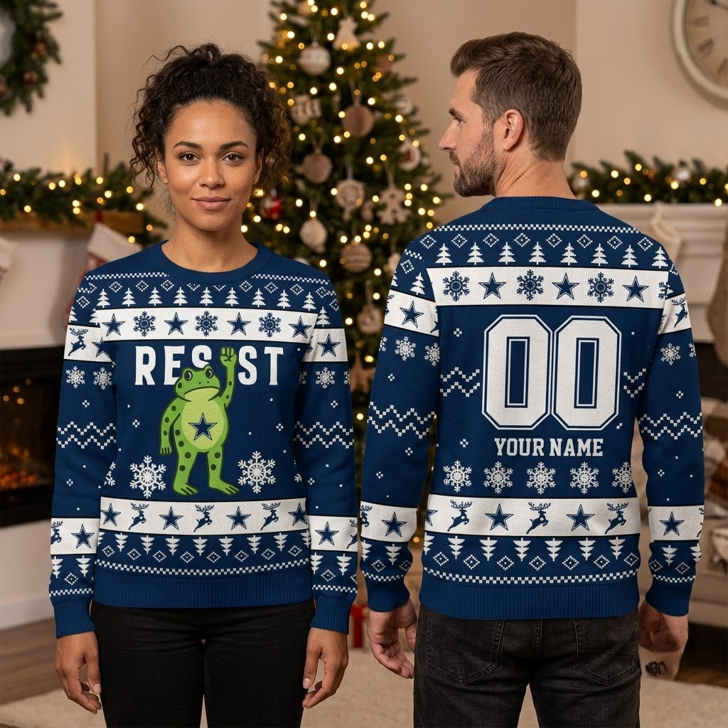 Personalized Frog RESIST Custom Name And Number Ugly Christmas Sweater