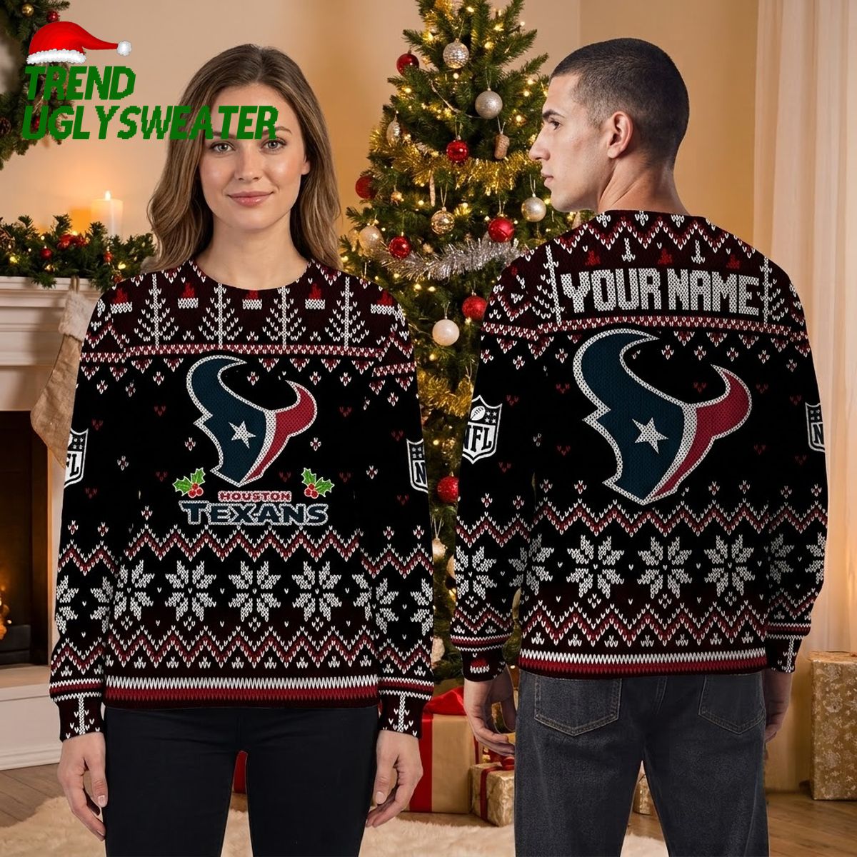 Personalized Houston Texans Bull Logo Custom Name Ugly Christmas Sweater