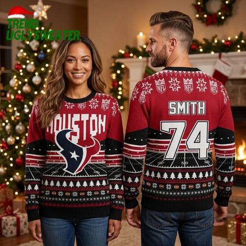 Personalized Houston Texans Football Field Custom Name And Number Ugly Christmas Sweater