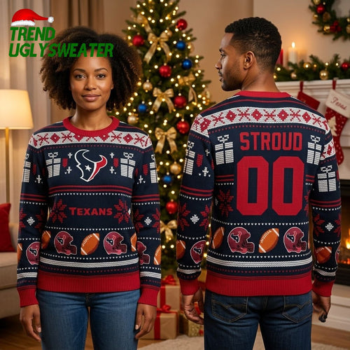 Personalized Houston Texans Helmet And Football Custom Name And Number Ugly Christmas Sweater