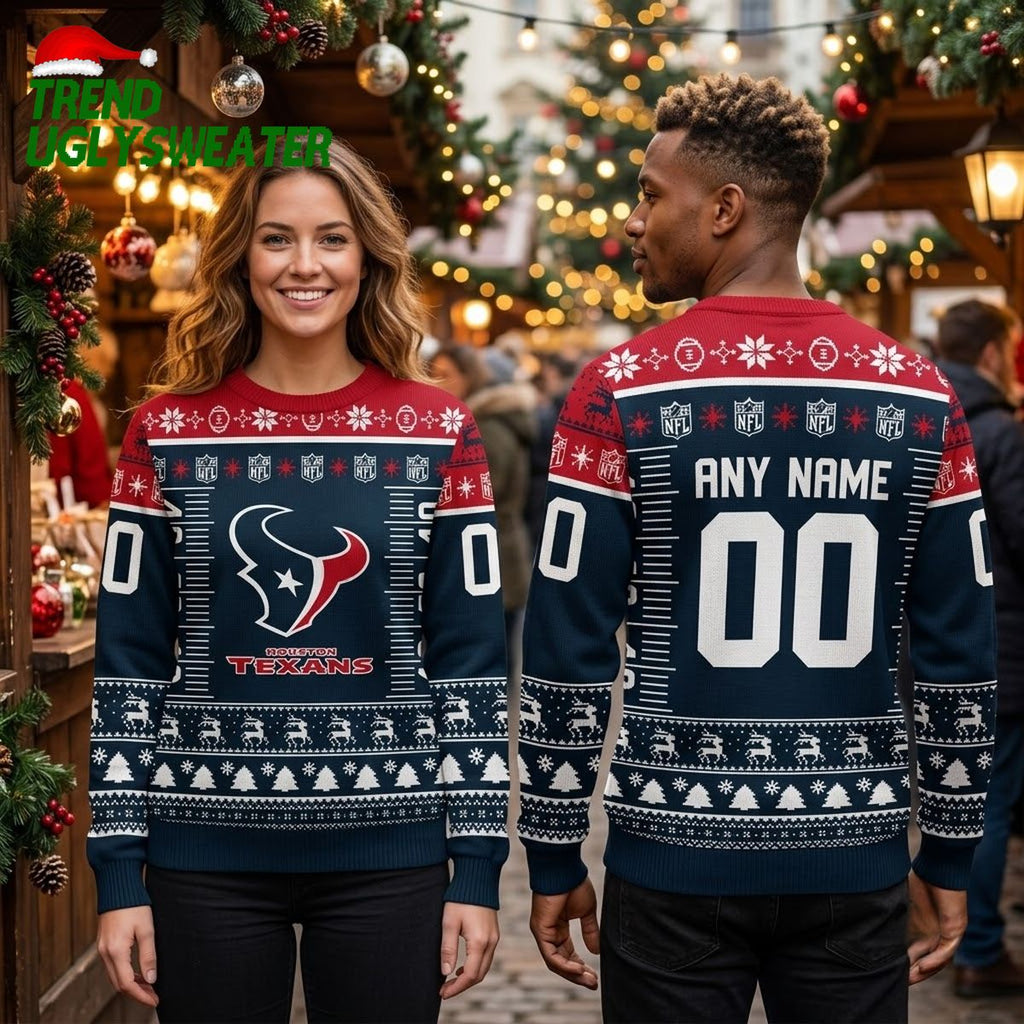 Personalized Houston Texans Logo Custom Name And Number Ugly Christmas Sweater