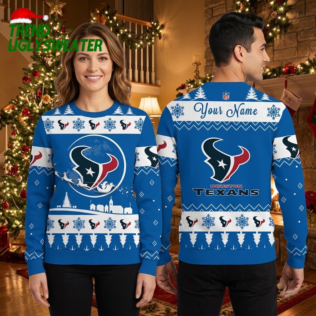 Personalized Houston Texans Reindeer Logo Custom Name Ugly Christmas Sweater