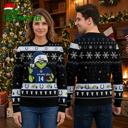 Personalized Indianapolis Colts Grinch Football Player Custom Name Ugly Christmas Sweater