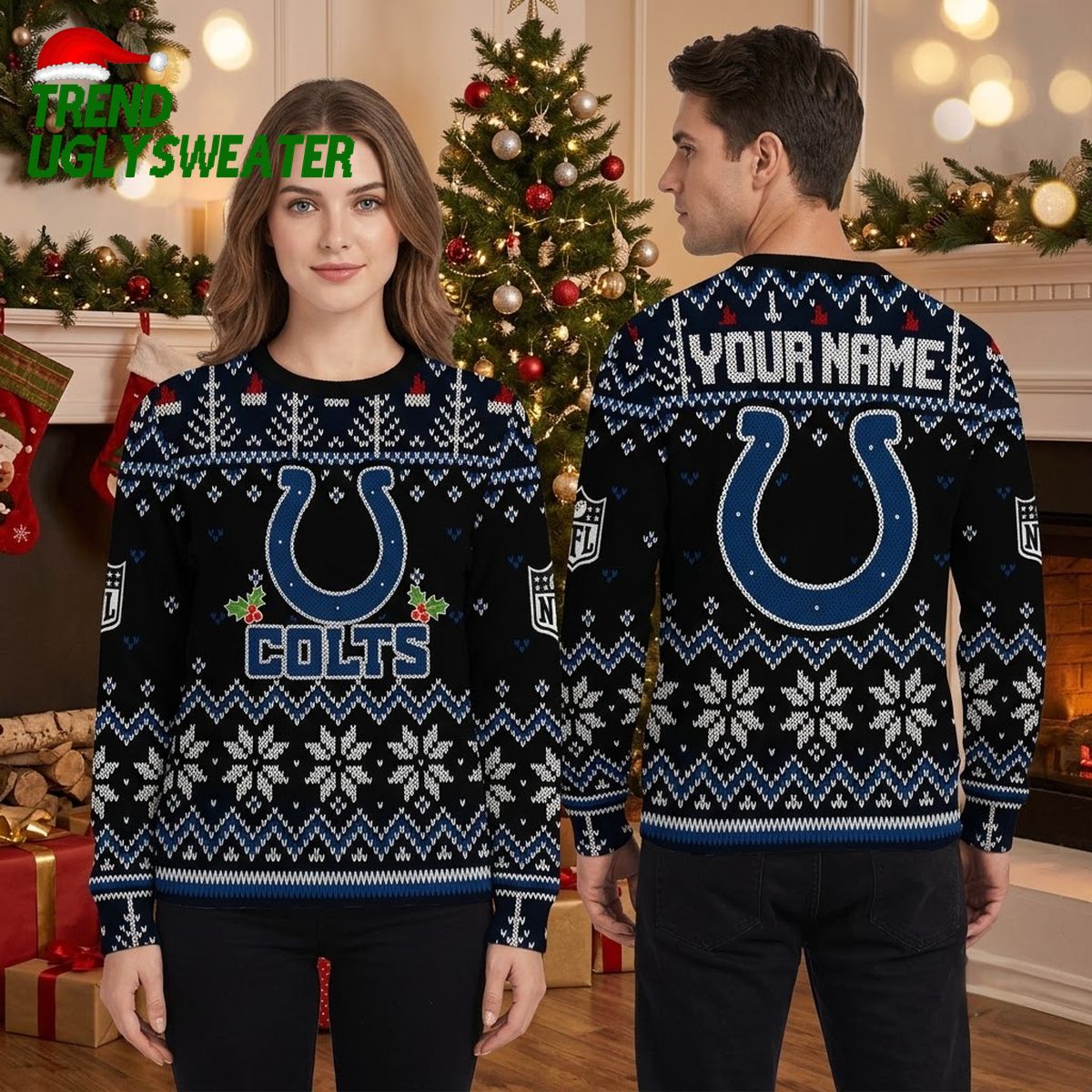 Personalized Indianapolis Colts Horseshoe Custom Name Ugly Christmas Sweater