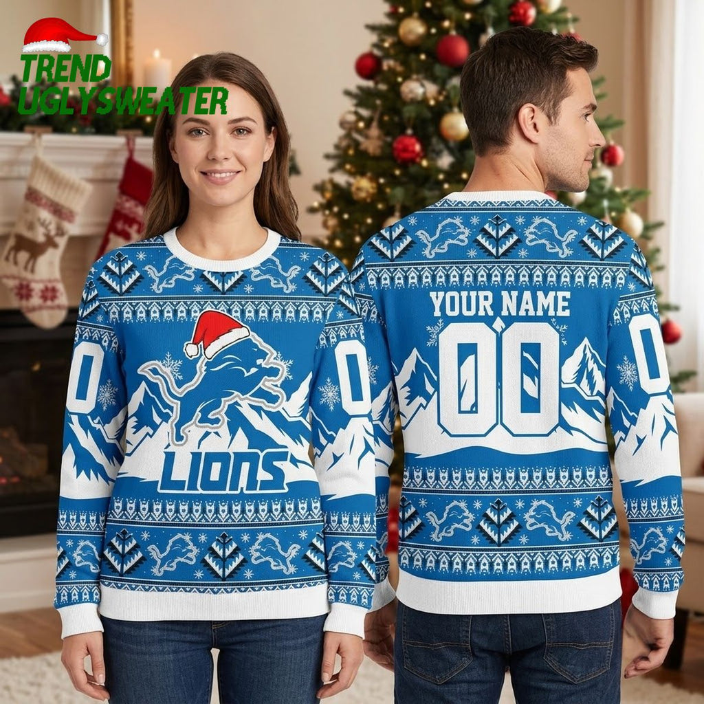 Personalized Lions Roaring Lion Santa Hat Custom Name Ugly Christmas Sweater