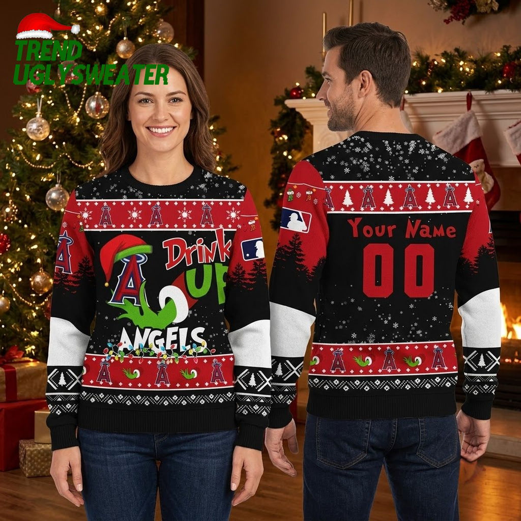 Personalized Los Angeles Angels Grinch Drink Up Custom Name And Number Ugly Christmas Sweater
