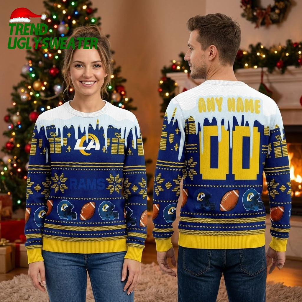 Personalized Los Angeles Rams Football Helmet Custom Name And Number Ugly Christmas Sweater