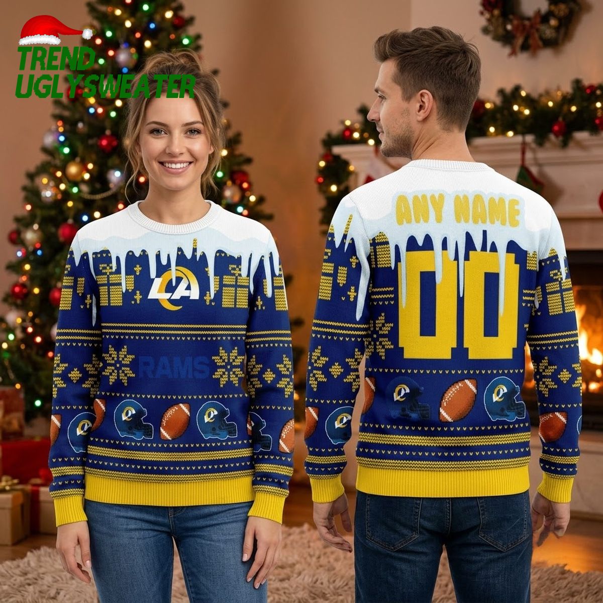 Personalized Los Angeles Rams Football Helmet Custom Name And Number Ugly Christmas Sweater
