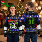 Personalized Los Angeles Rams Grinch Drink Up Custom Name And Number Ugly Christmas Sweater