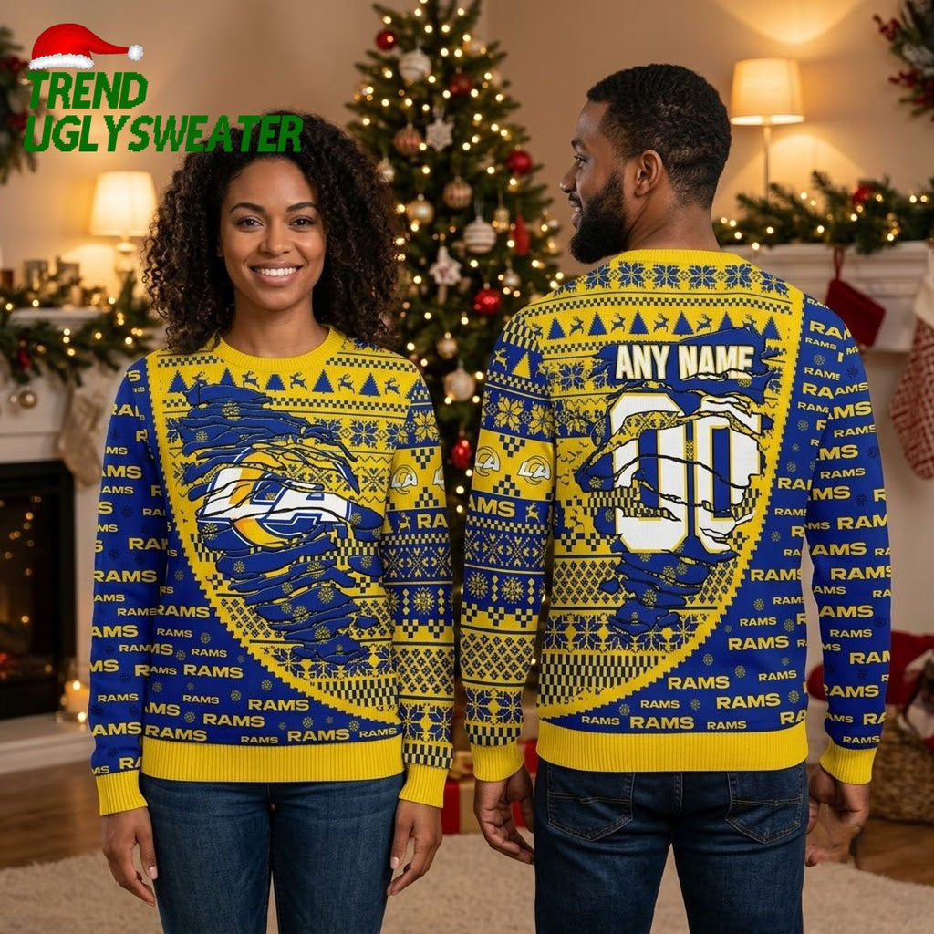Personalized Los Angeles Rams Torn Logo Custom Name Ugly Christmas Sweater