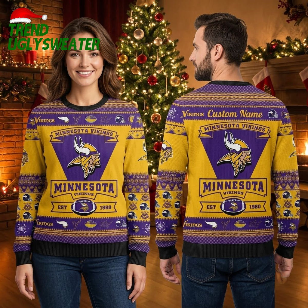 Personalized Minnesota Vikings Helmet Pattern Custom Name Ugly Christmas Sweater