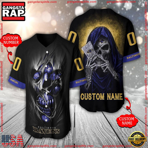 NFL Custom Name Number Baltimore Ravens Team Skull Death Baseball Jersey Shirt