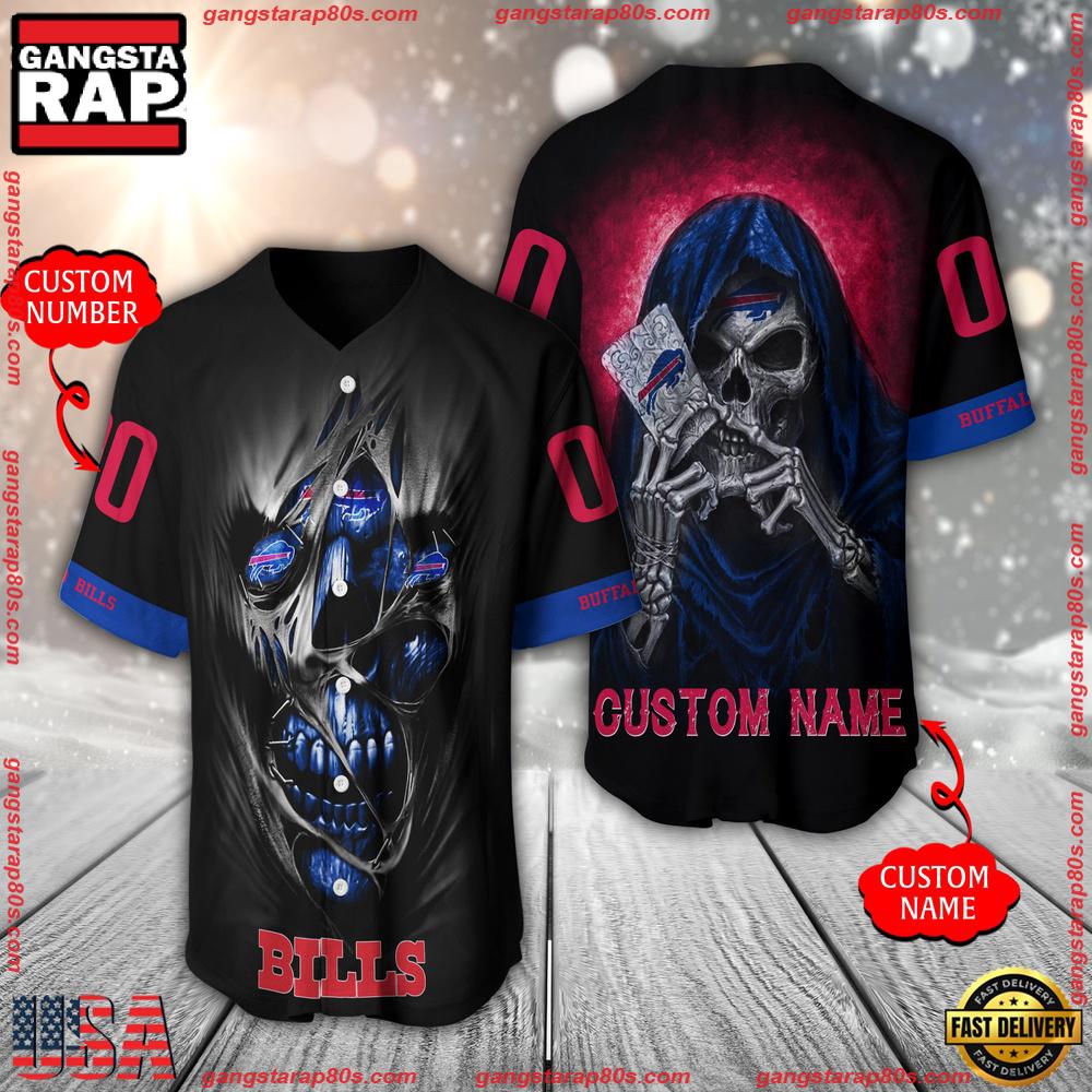 NFL Custom Name Number Buffalo Bills Team Skull Death Baseball Jersey Shirt