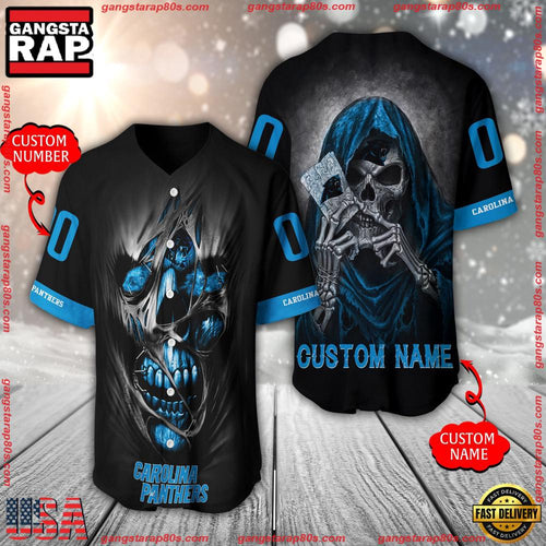NFL Custom Name Number Carolina Panthers Team Skull Death Baseball Jersey Shirt
