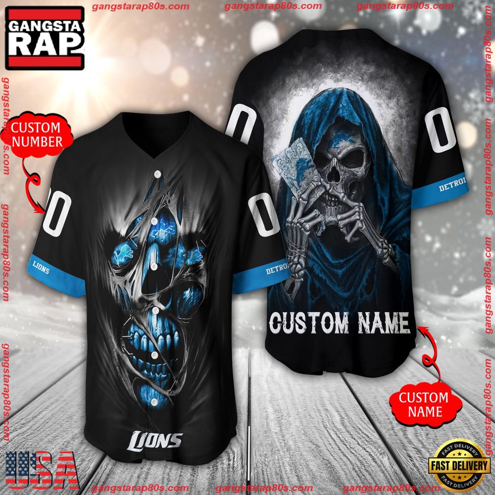 NFL Custom Name Number Detroit Lions Team Skull Death Baseball Jersey Shirt