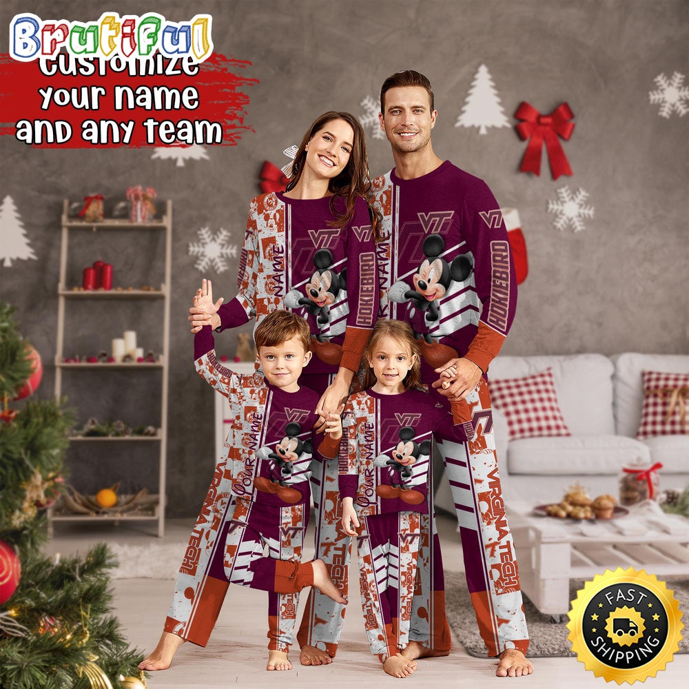 Personalized NCAA Virginia Tech Hokies Pajamas Mickey Mouse For Family