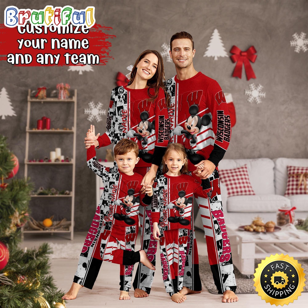 Personalized NCAA Wisconsin Badgers Pajamas Mickey Mouse For Family