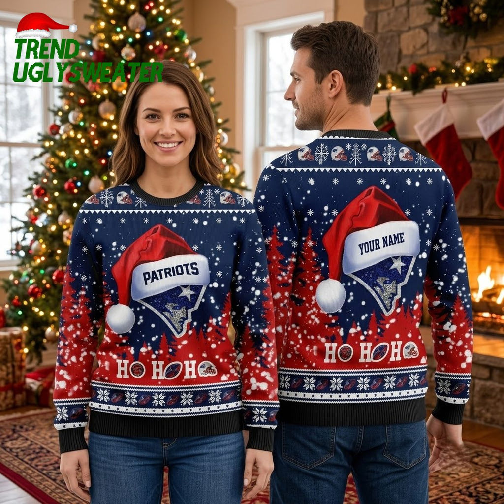 Personalized New England Patriots Santa Hat Logo Custom Name Ugly Christmas Sweater