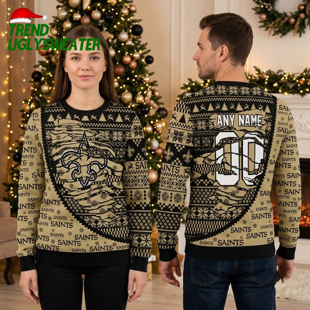 Personalized New Orleans Saints Fleur De Lis Custom Name Gift Ugly Christmas Sweater