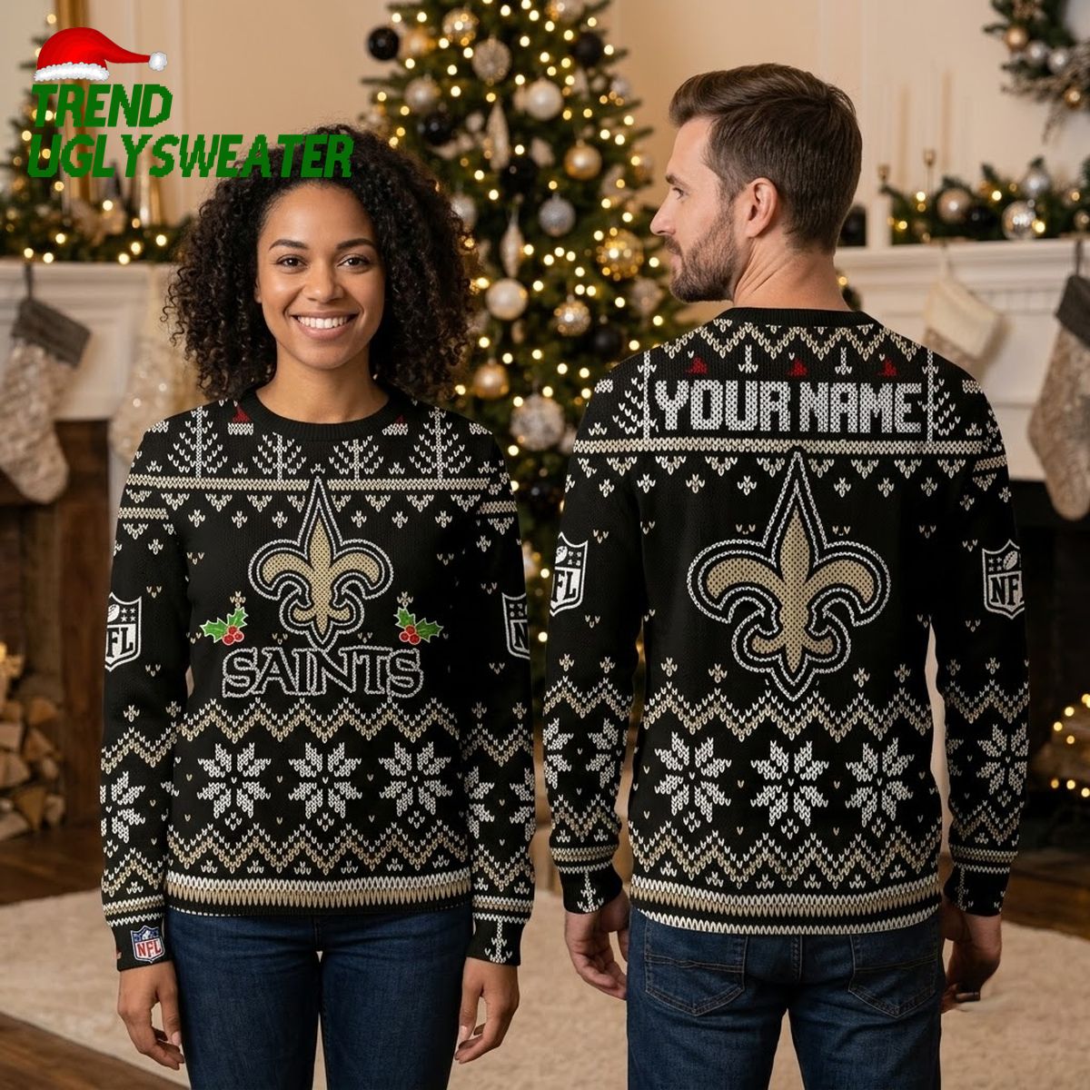Personalized New Orleans Saints Fleur De Lis Custom Name Ugly Christmas Sweater