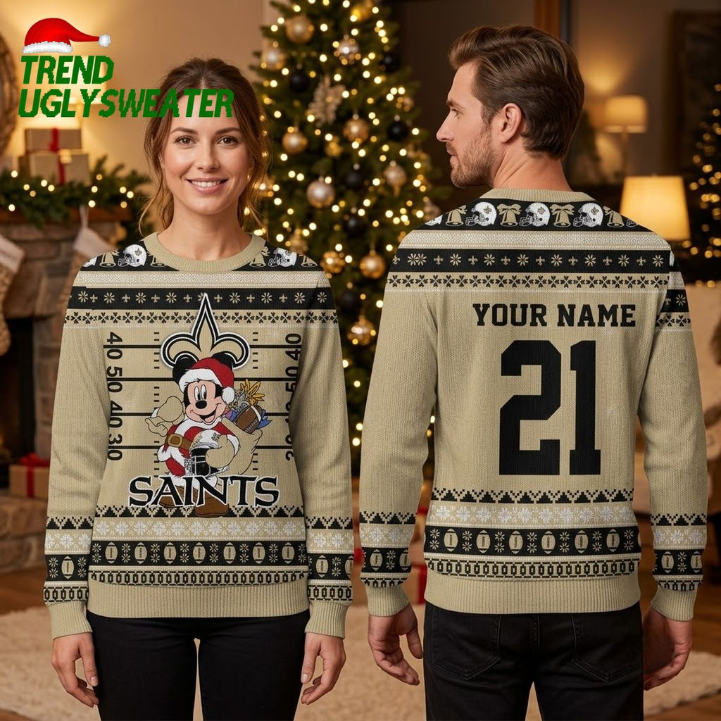 Personalized New Orleans Saints Mickey Santa Custom Name And Number Ugly Christmas Sweater