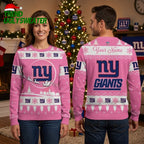 Personalized New York Giants Pink Reindeer Sleigh With Custom Name Ugly Christmas Sweater