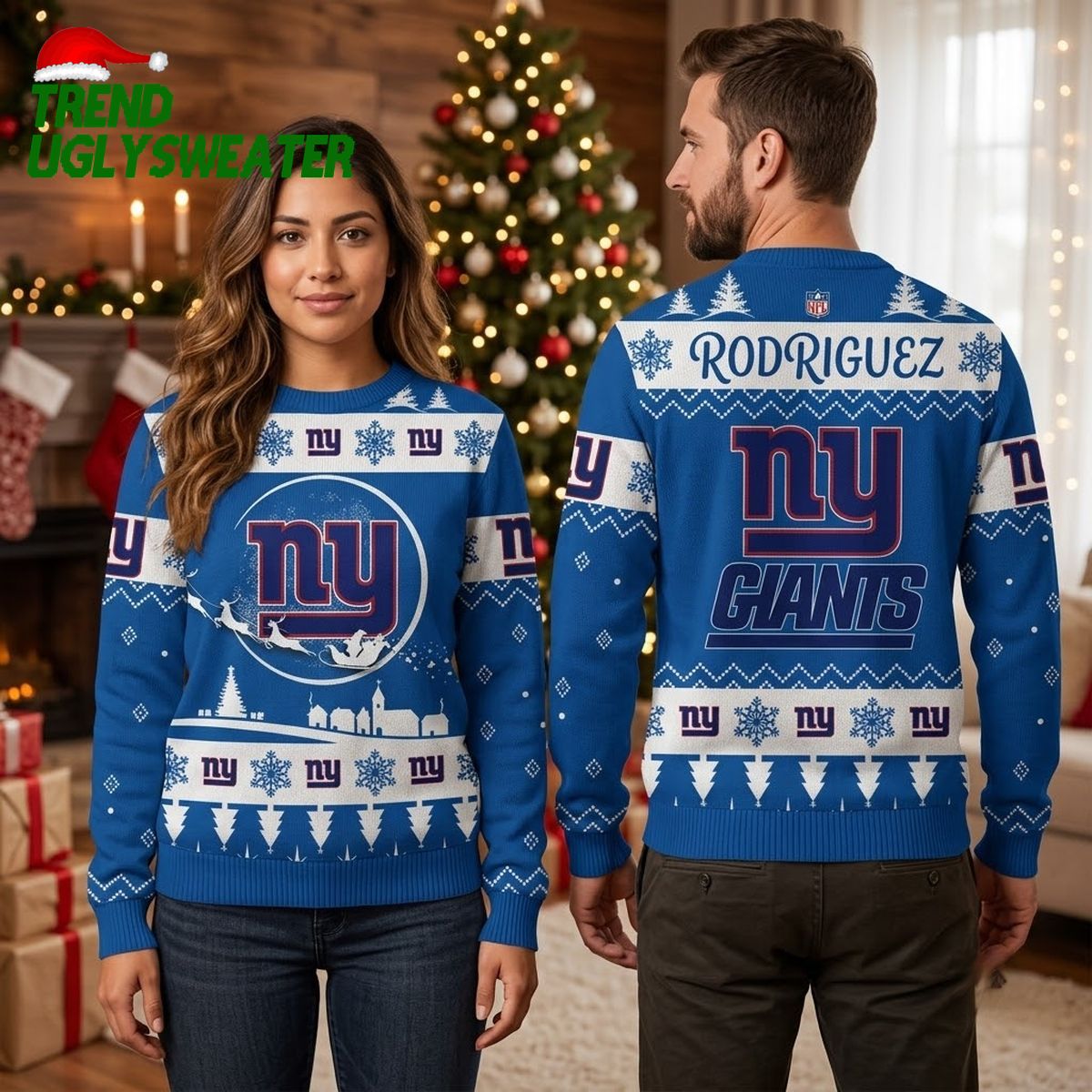 Personalized New York Giants Santa Sleigh Custom Name Ugly Christmas Sweater