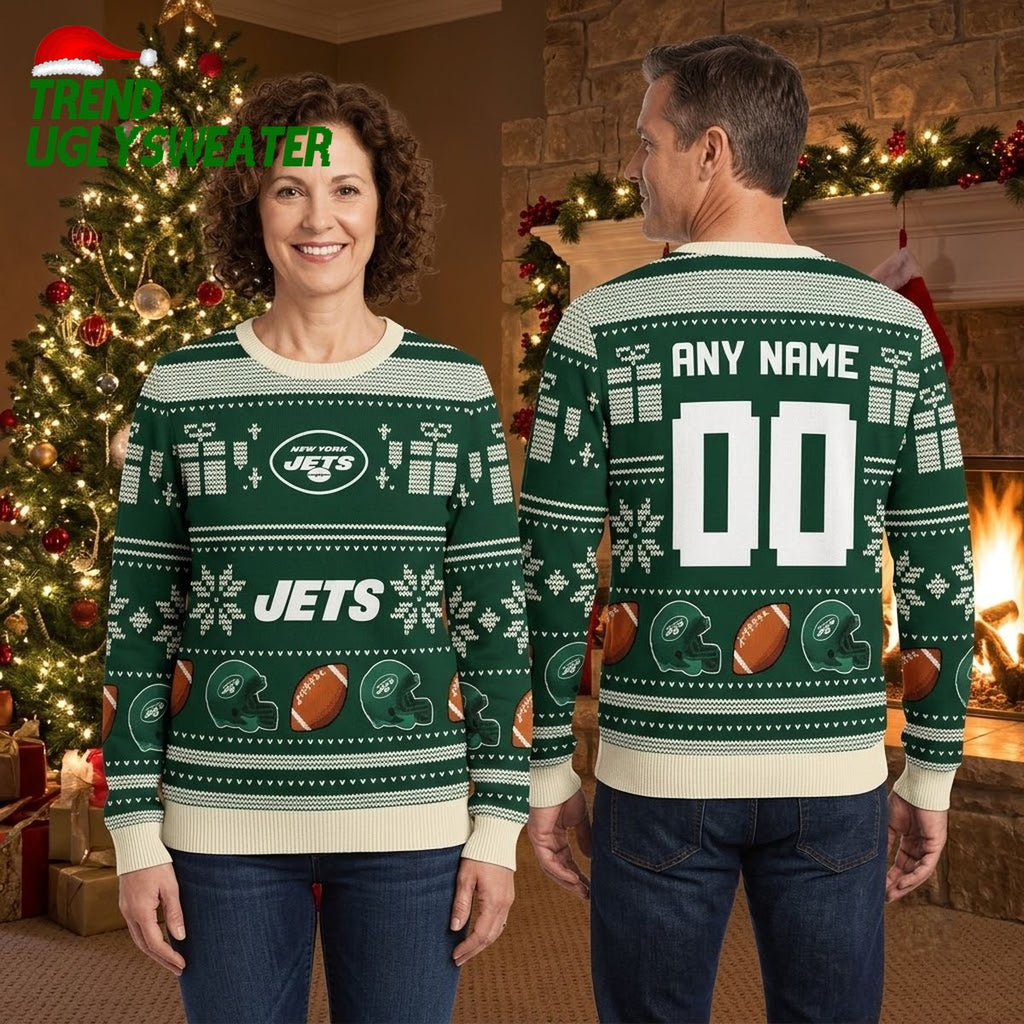 Personalized New York Jets Football Helmet Snowflake Custom Name And Number Ugly Christmas Sweater