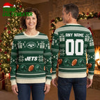 Personalized New York Jets Football Helmet Snowflake Custom Name And Number Ugly Christmas Sweater