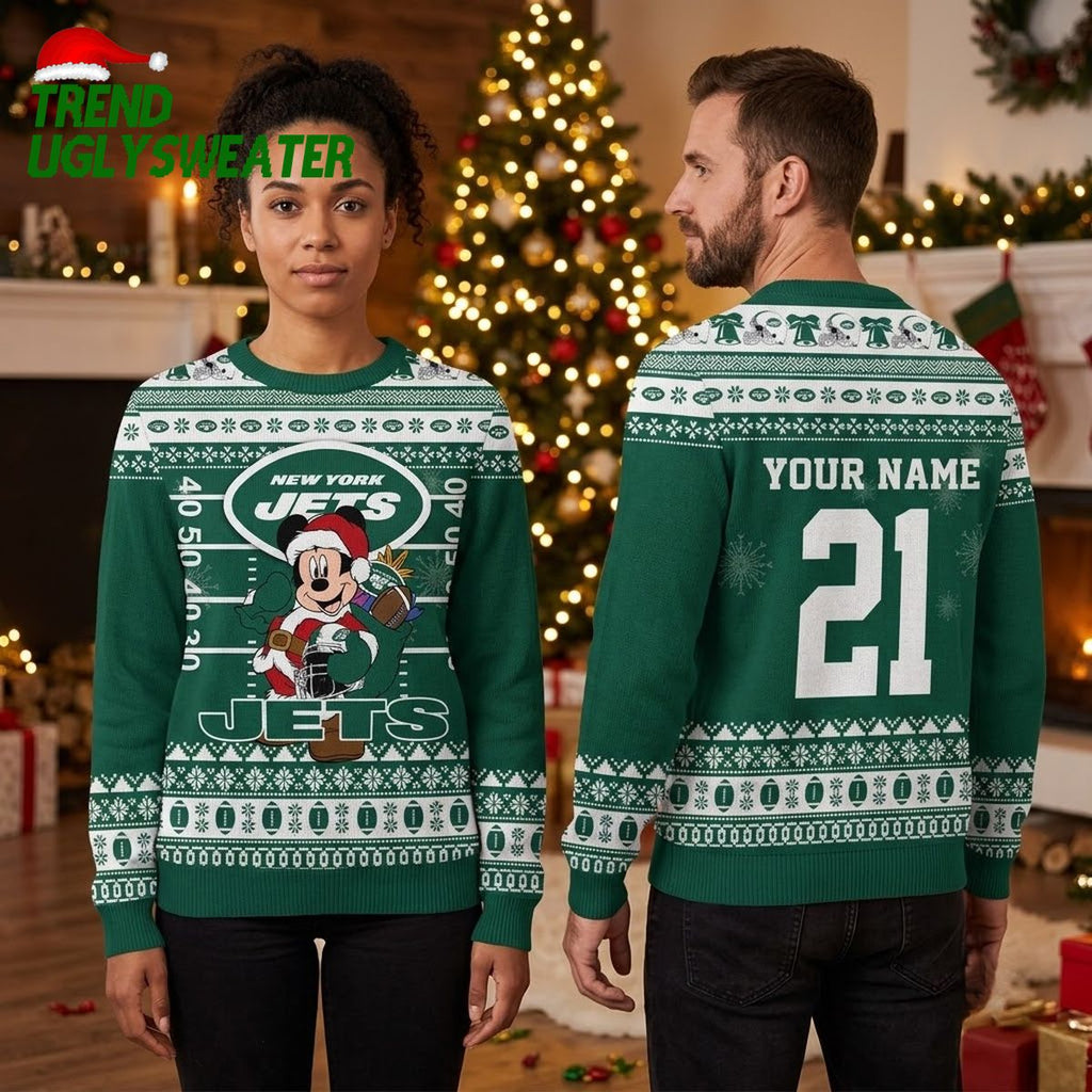 Personalized New York Jets Mickey Mouse Santa Custom Name And Number Ugly Christmas Sweater