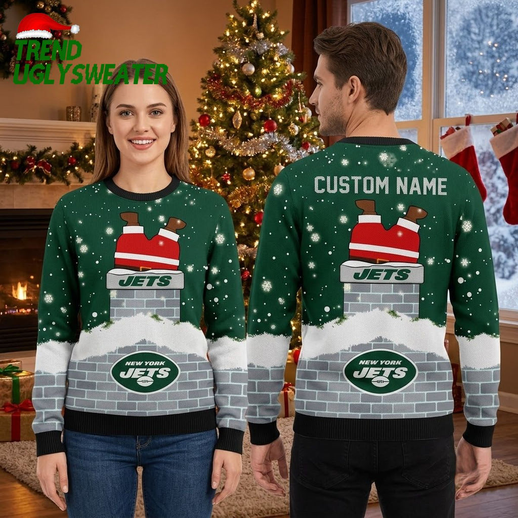 Personalized New York Jets Santa Stuck In Chimney Custom Name Ugly Christmas Sweater