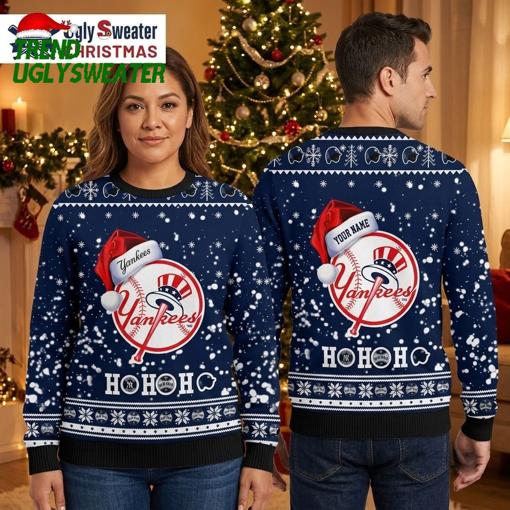 Personalized New York Yankees Santa Hat Baseball Logo Ugly Christmas Sweater