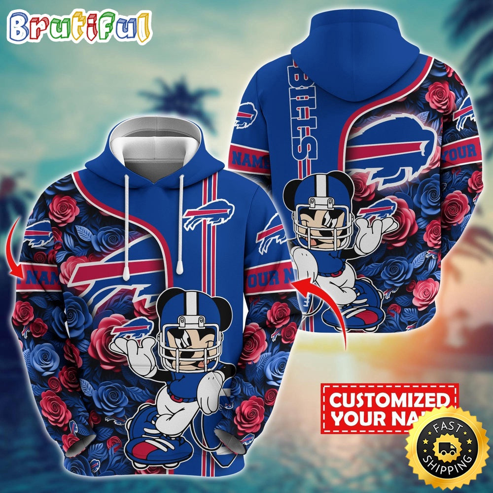 Personalized NFL Buffalo Bills Hoodie Mickey Mouse Flower 3D Print Hoodie