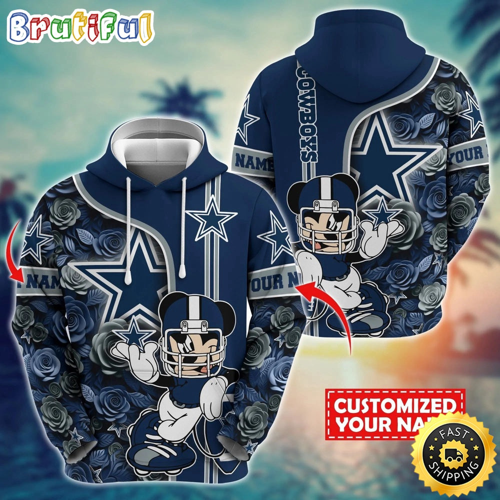 Personalized NFL Dallas Cowboys Hoodie Mickey Mouse Flower 3D Print Hoodie