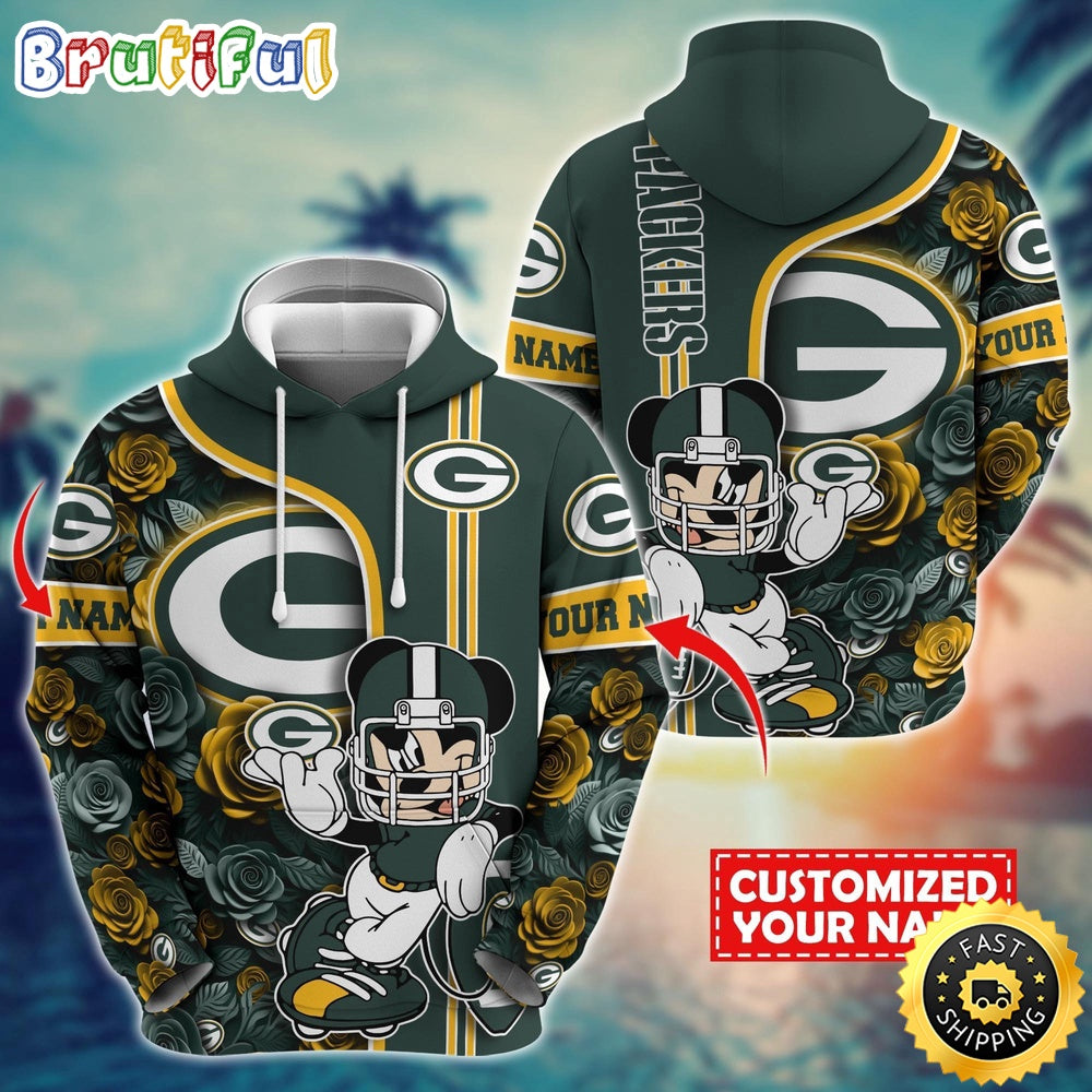 Personalized NFL Green Bay Packers Hoodie Mickey Mouse Flower 3D Print Hoodie