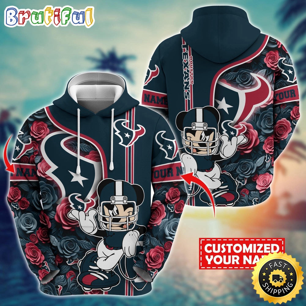 Personalized NFL Houston Texans Hoodie Mickey Mouse Flower 3D Print Hoodie