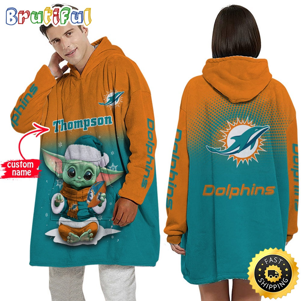 Personalized NFL Miami Dolphins Blanket Hoodie Baby Yoda Lover Unisex Hoodie