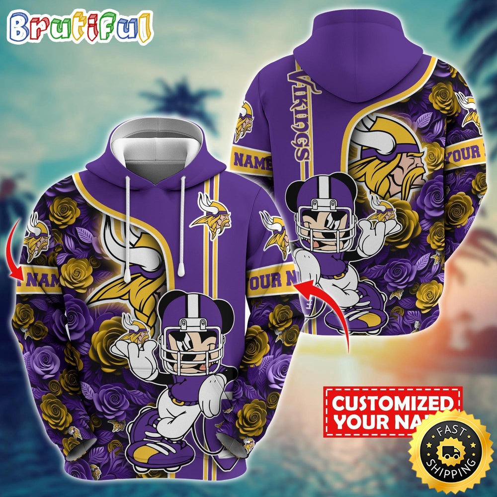 Personalized NFL Minnesota Vikings Hoodie Mickey Mouse Flower 3D Print Hoodie