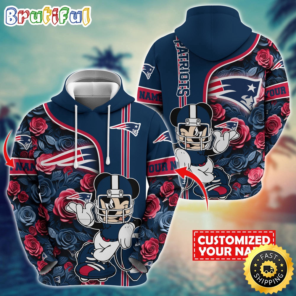 Personalized NFL New England Patriots Hoodie Mickey Mouse Flower 3D Print Hoodie