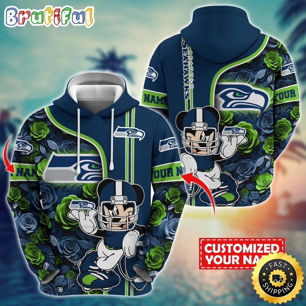 Personalized NFL Seattle Seahawks Hoodie Mickey Mouse Flower 3D Print Hoodie