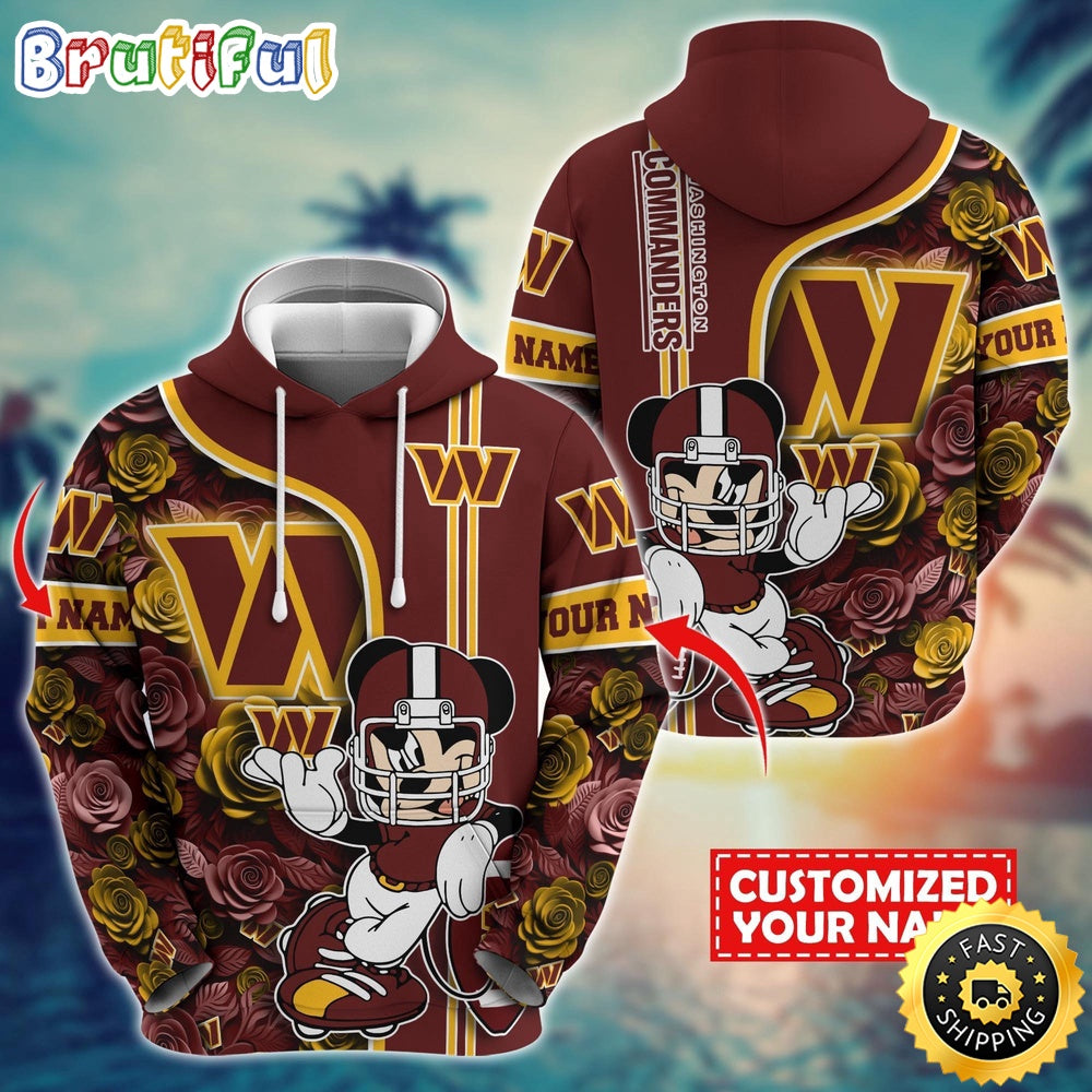 Personalized NFL Washington Commanders Hoodie Mickey Mouse Flower 3D Print Hoodie