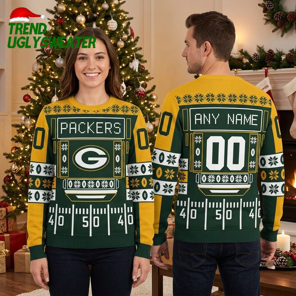 Personalized Packers Football Field Custom Name And Number Ugly Christmas Sweater