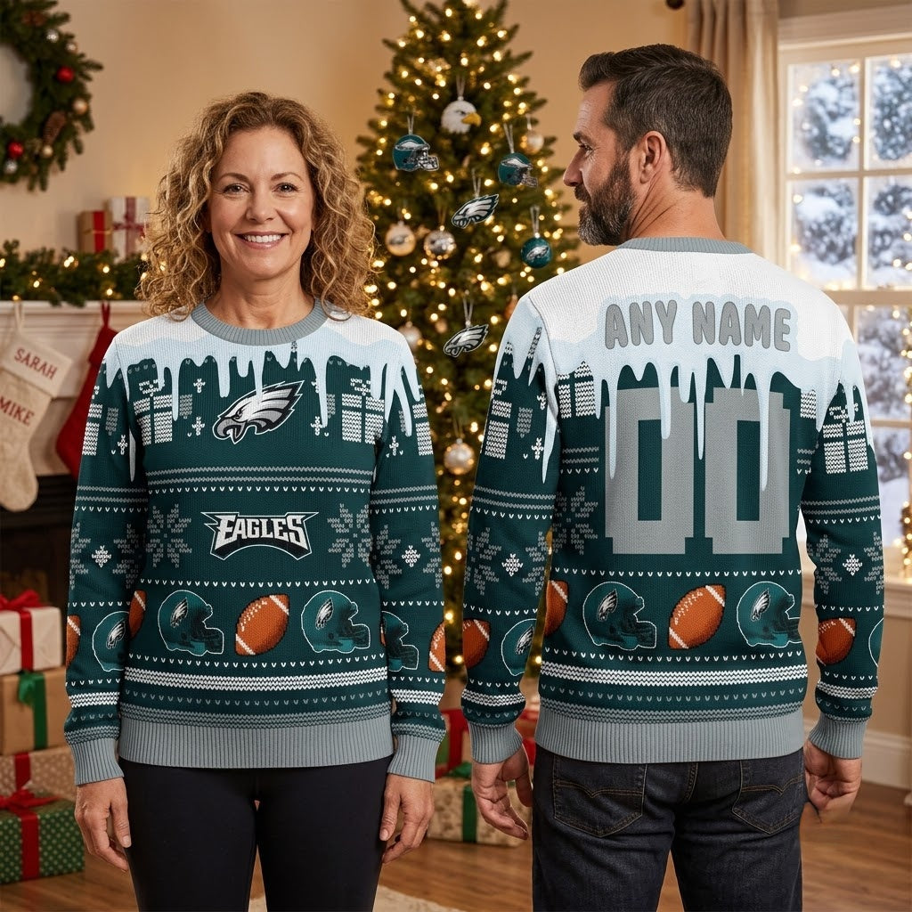 Personalized Philadelphia Eagles Football Helmet Custom Name And Number Ugly Christmas Sweater
