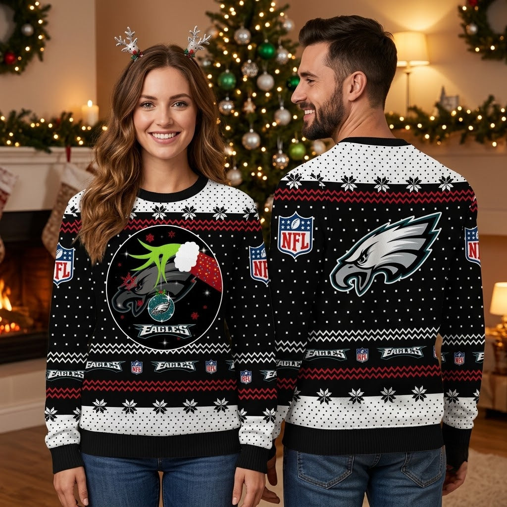 Personalized Philadelphia Eagles Grinch Hands Custom Name Ugly Christmas Sweater