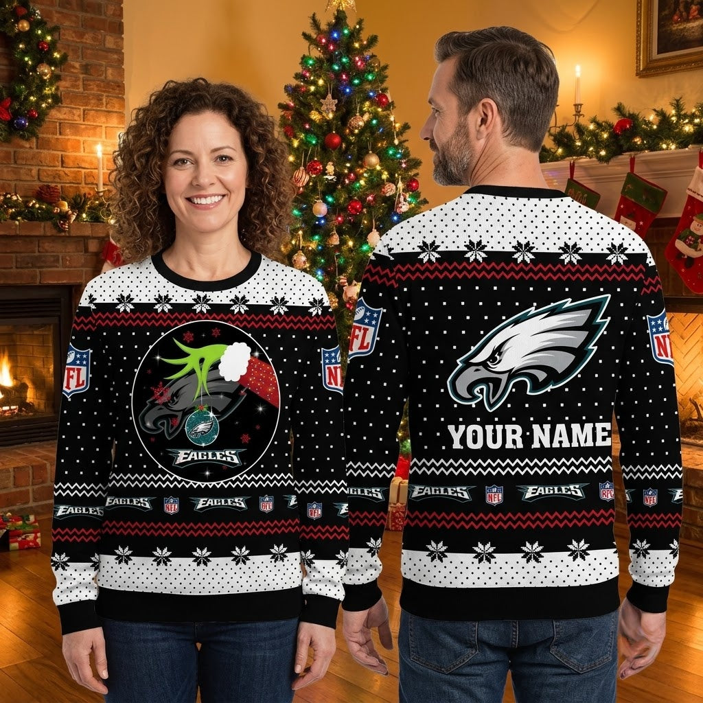 Personalized Philadelphia Eagles Santa Hat Logo Custom Name Ugly Christmas Sweater