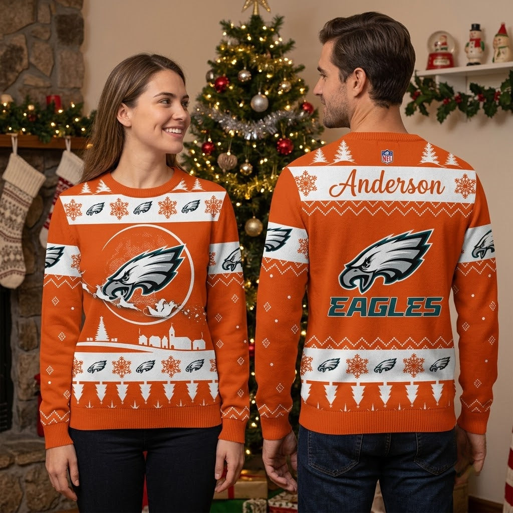 Personalized Philadelphia Eagles Santa Sleigh Custom Name Ugly Christmas Sweater