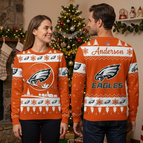 Personalized Philadelphia Eagles Santa Sleigh Custom Name Ugly Christmas Sweater