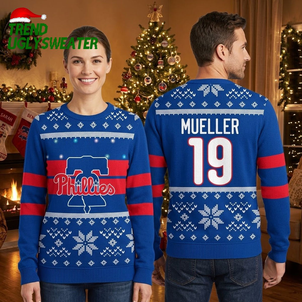 Personalized Philadelphia Phillies Snowflake Baseball Jersey Custom Name And Number Ugly Christmas Sweater
