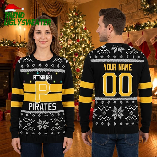 Personalized Pittsburgh Pirates Snowflake Stripes Custom Name And Number Ugly Christmas Sweater